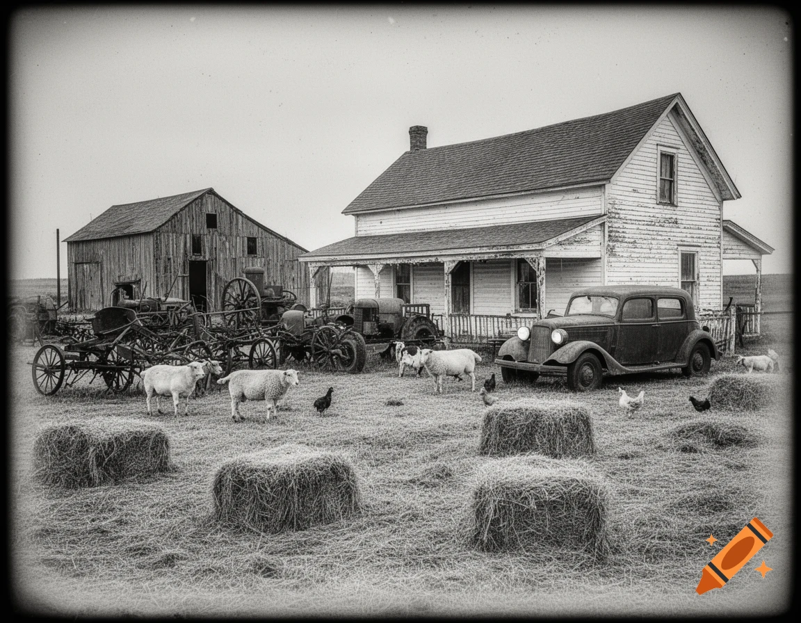 A black and white vintage photograph of a farm with a weathered house, barn, old car, farm equipment, sheep, chickens, and hay bales in a field.