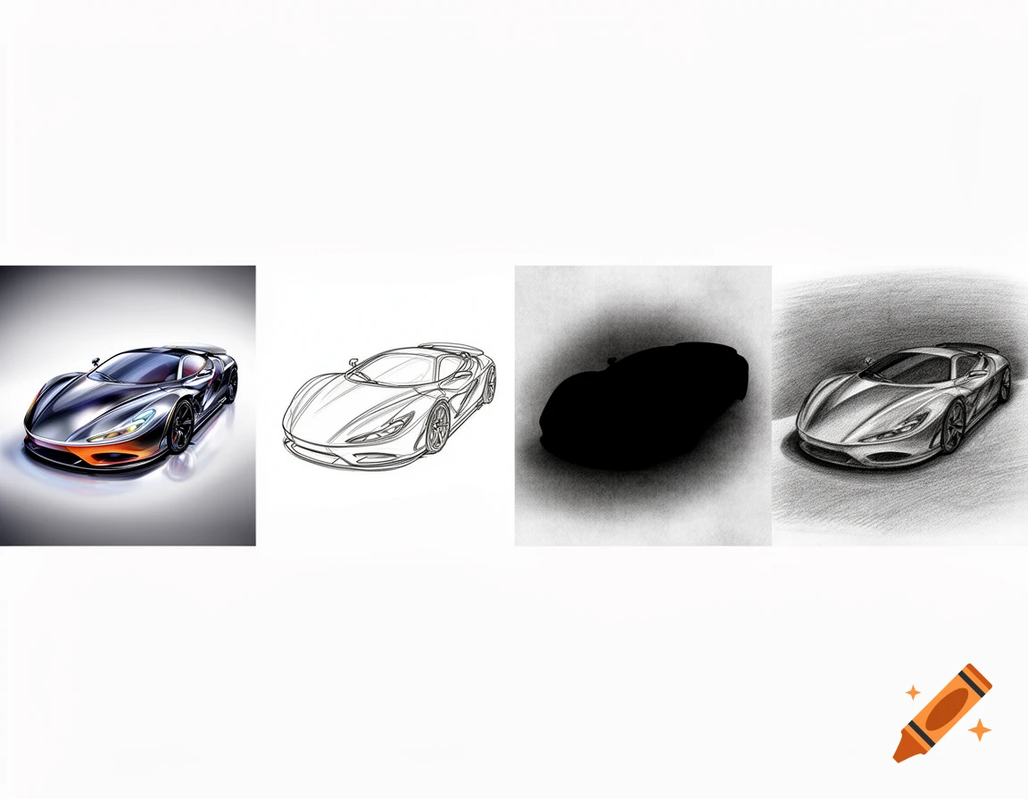 Four distinct renderings of a modern sports car: a vibrant digital illustration, a clean outline drawing, a solid black silhouette, and a detailed pencil sketch.