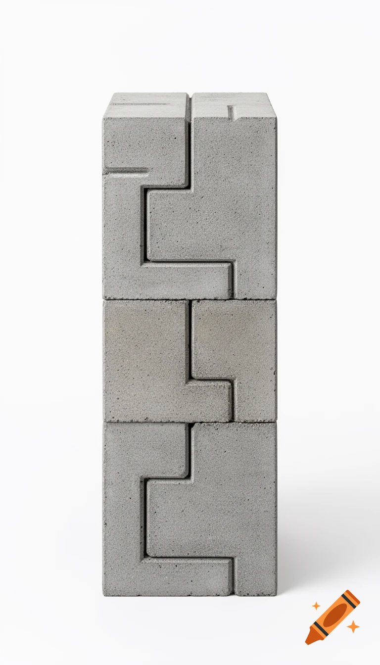 Three grey concrete interlocking blocks stacked vertically on a white background, forming a zig-zag pattern on the visible side.