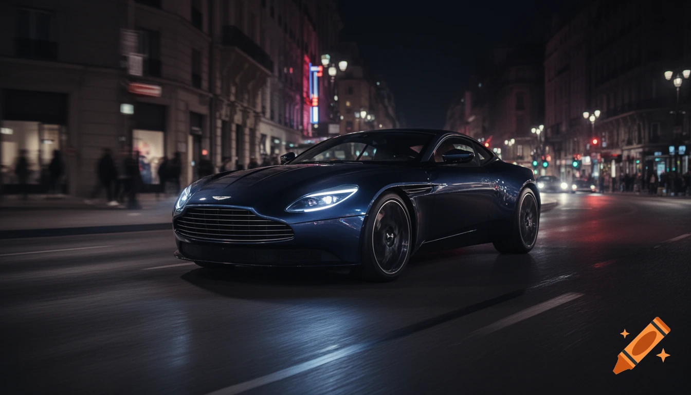 A dark blue Aston Martin DB12 sports car drives down a city street at night, with blurred lights and buildings in the background.
