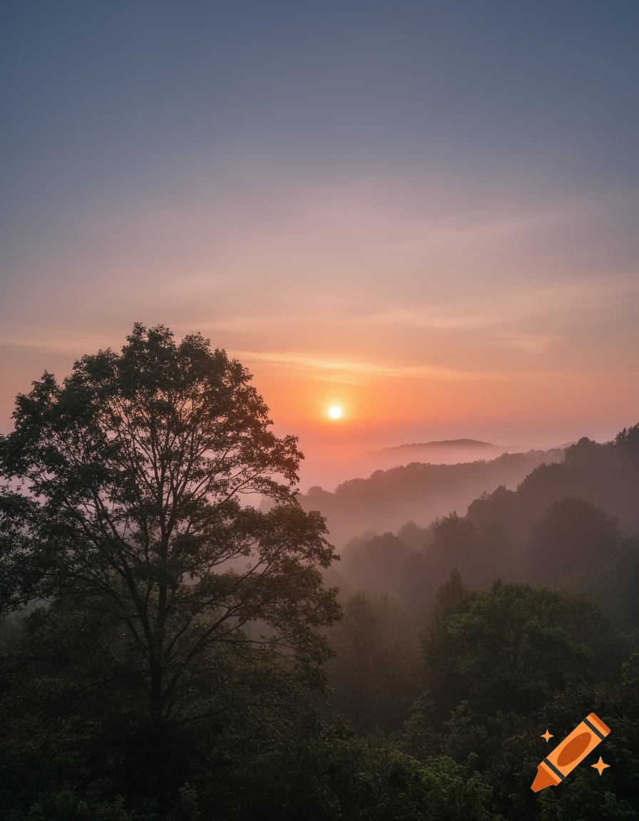 A serene photorealistic landscape of a sunrise over misty mountains with a large tree in the foreground.