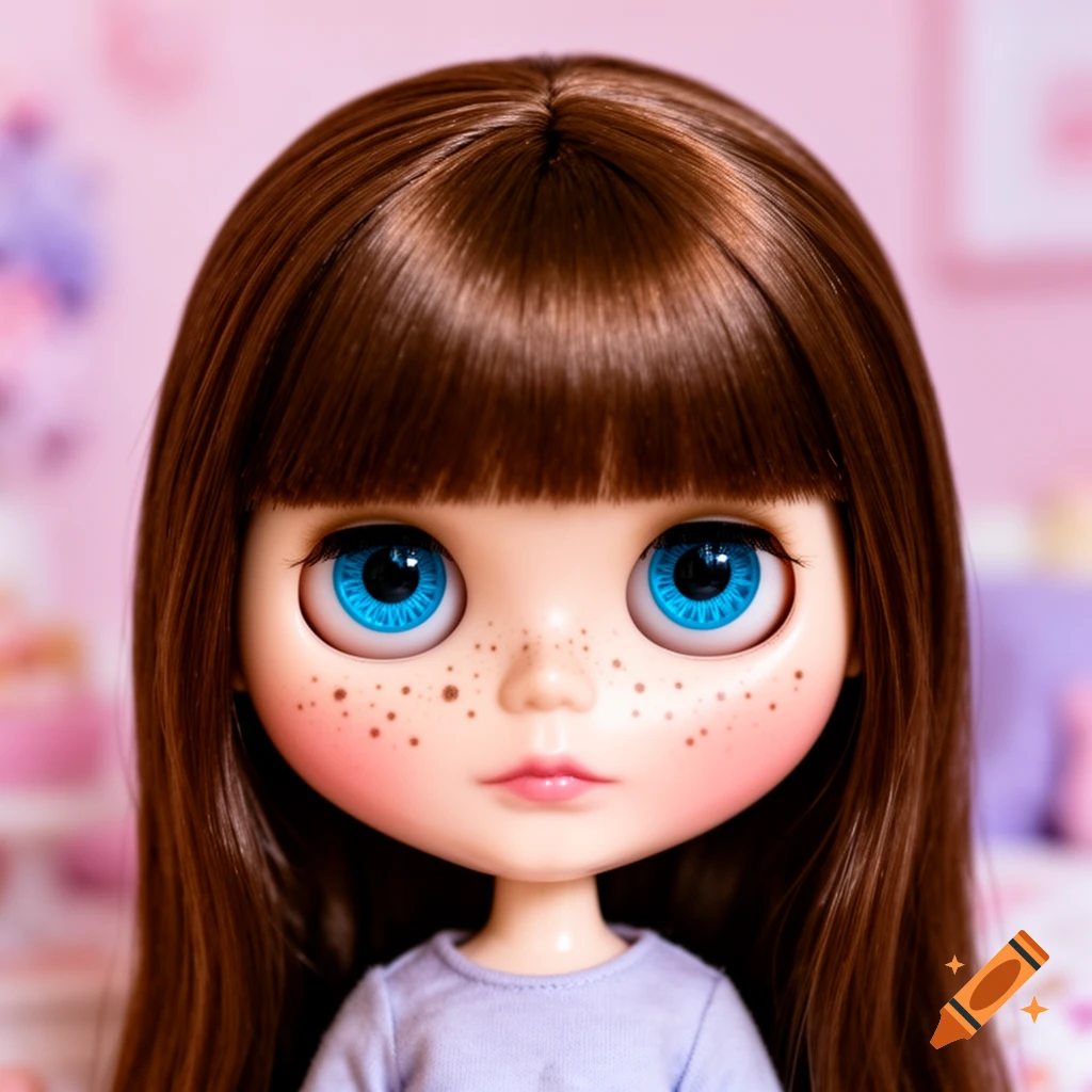 A close-up of a Blythe doll with long brown hair, large blue eyes, freckles, and light pink blush, wearing a light purple top.