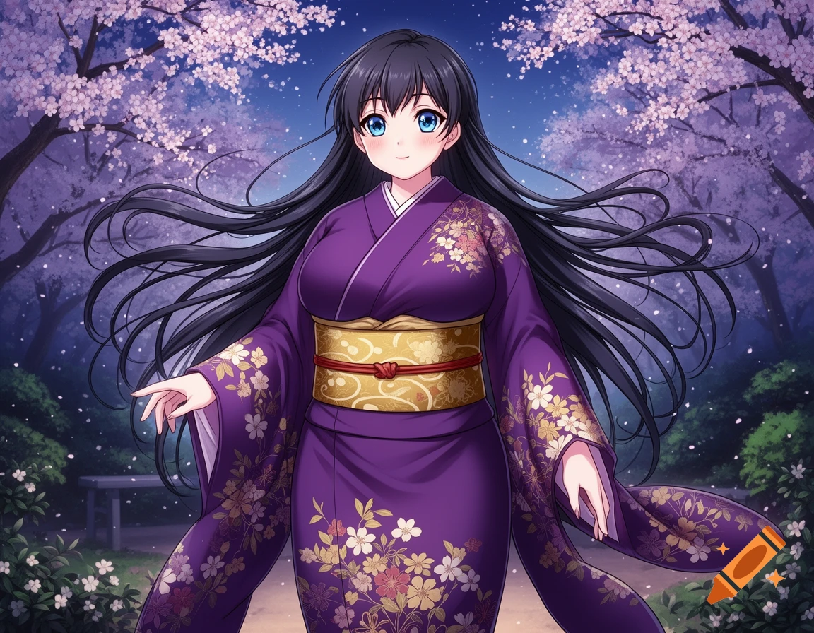 An anime woman with long black hair in a purple kimono with floral patterns stands under cherry blossoms at night.