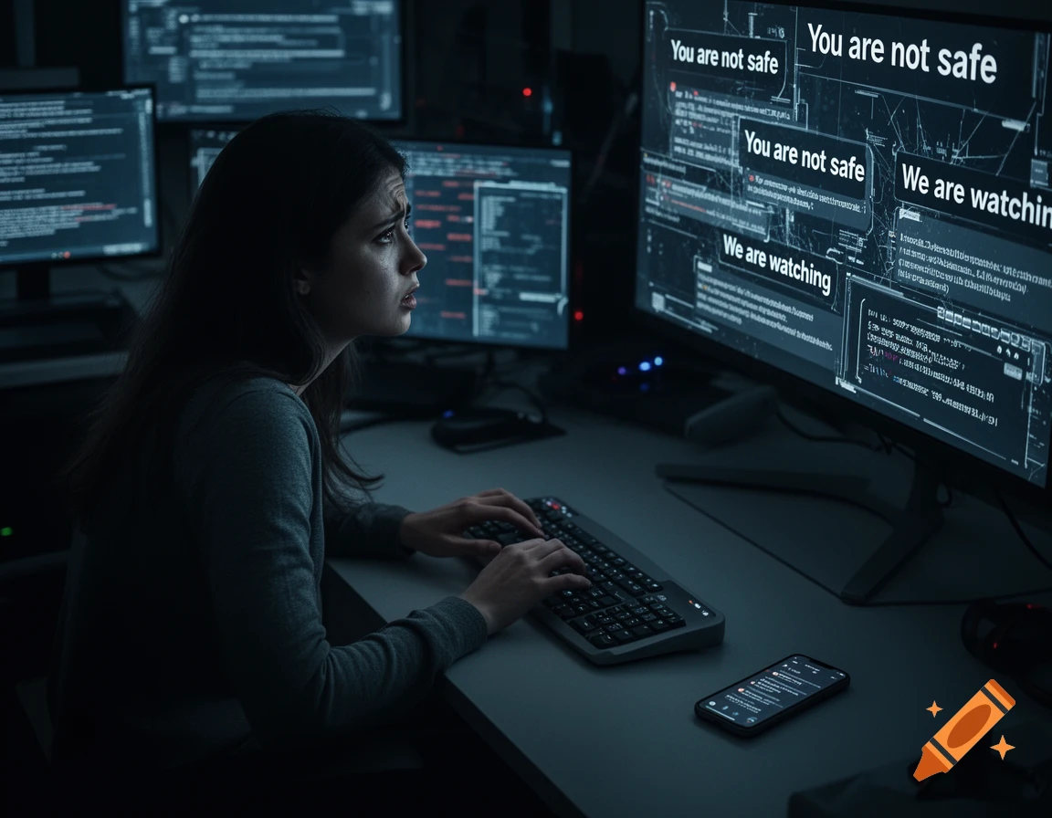 A distressed woman types at a keyboard in a dark room, looking at multiple computer screens displaying 'You are not safe' and 'We are watching'.