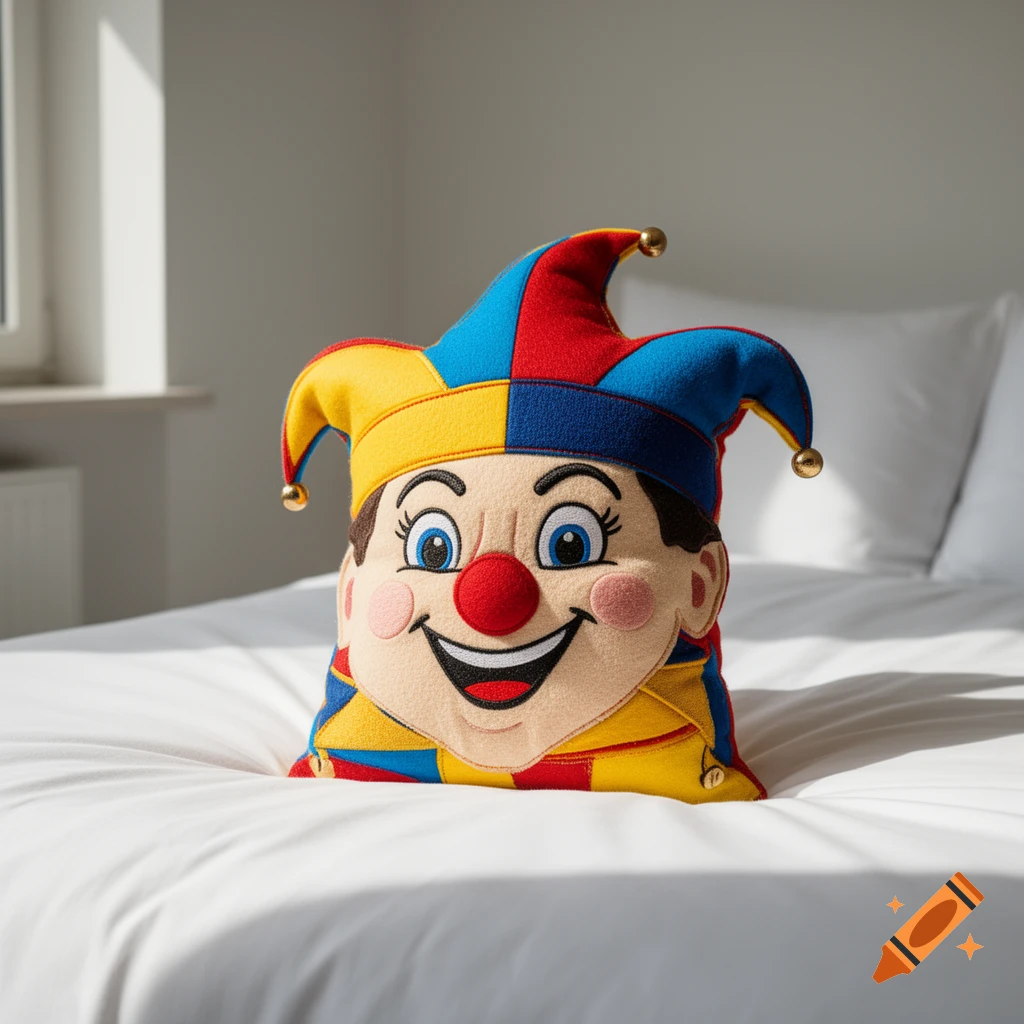 A colorful jester's head pillow with a red nose and a jester hat rests on a white bed in a brightly lit room.
