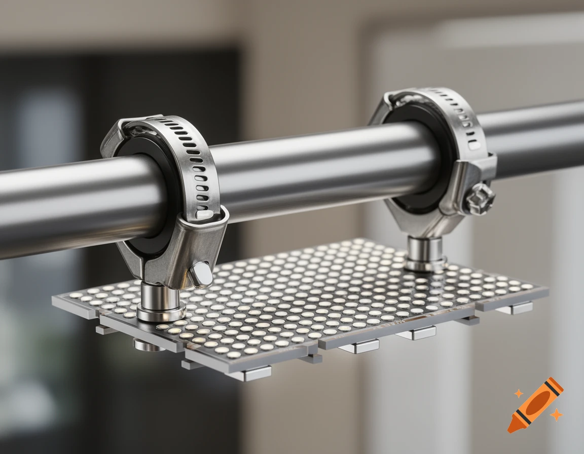 Photorealistic close-up of a metal tube secured by two clamps, with a rectangular board featuring a grid of small lights attached below.