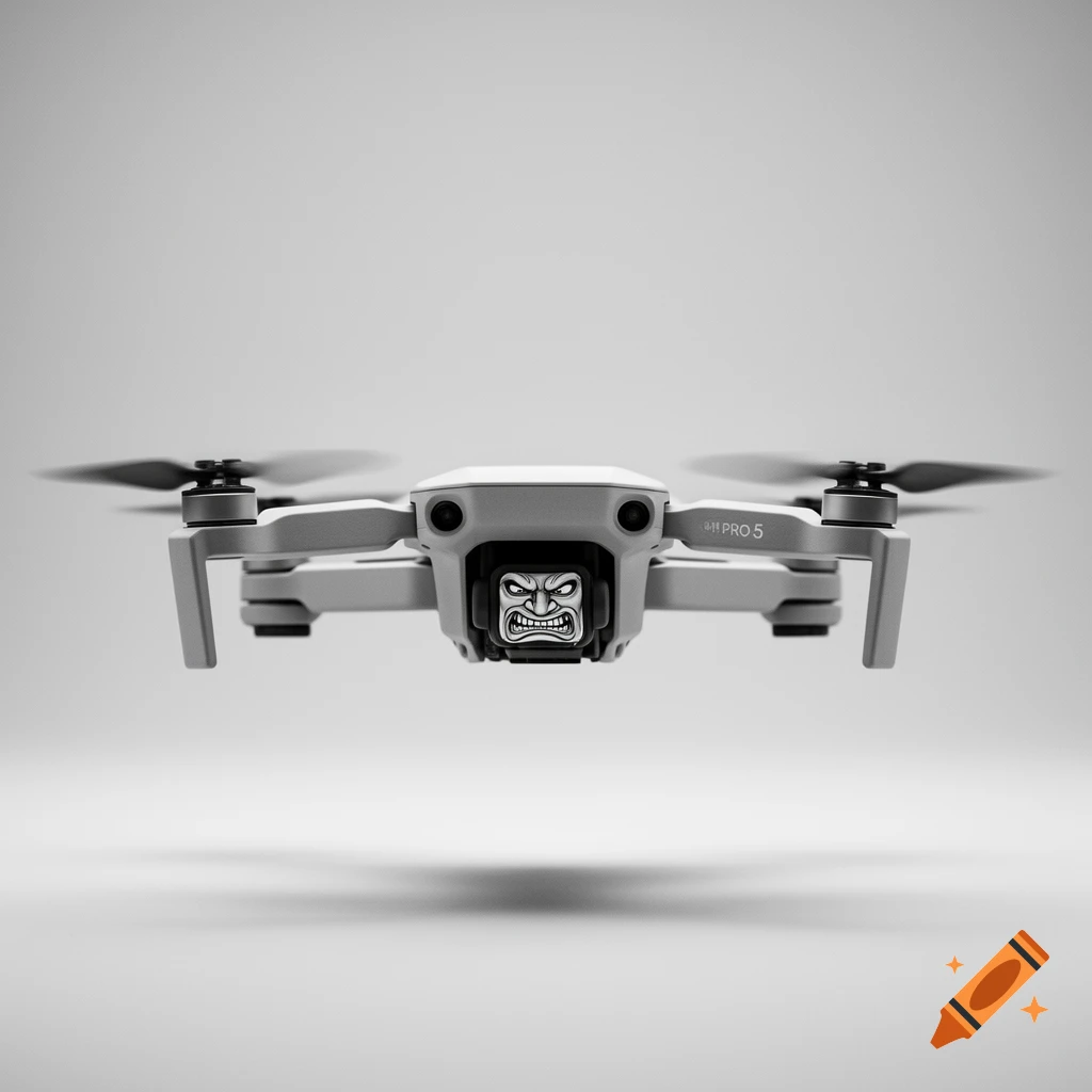 Black and white drone with an angry cartoon face sticker on its camera gimbal, hovering against a plain white background.