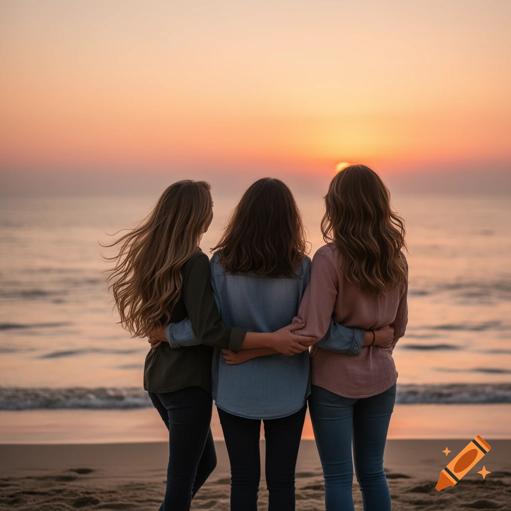 Three friends embracing on a beach, looking at a golden sunset over the ocean.