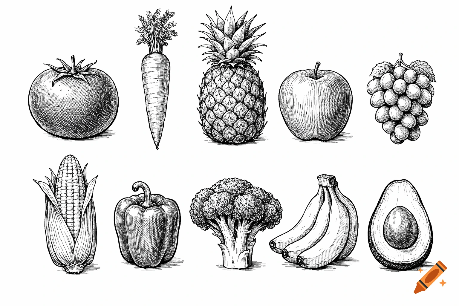 A collection of fruits and vegetables in a black and white line drawing style, including a tomato, carrot, pineapple, apple, grapes, corn, bell pepper, broccoli, bananas, and avocado.