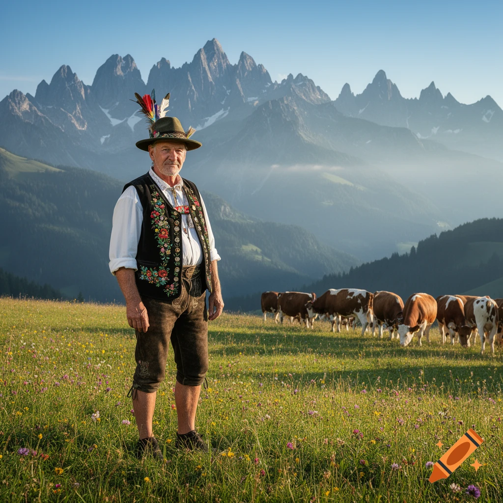 An older man in traditional Appenzeller attire stands in a flowery meadow with cows grazing and majestic mountains.
