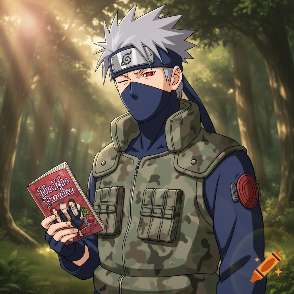 Anime character Kakashi Hatake winks while holding a book titled "Icha Icha Paradise" in a sunlit forest.
