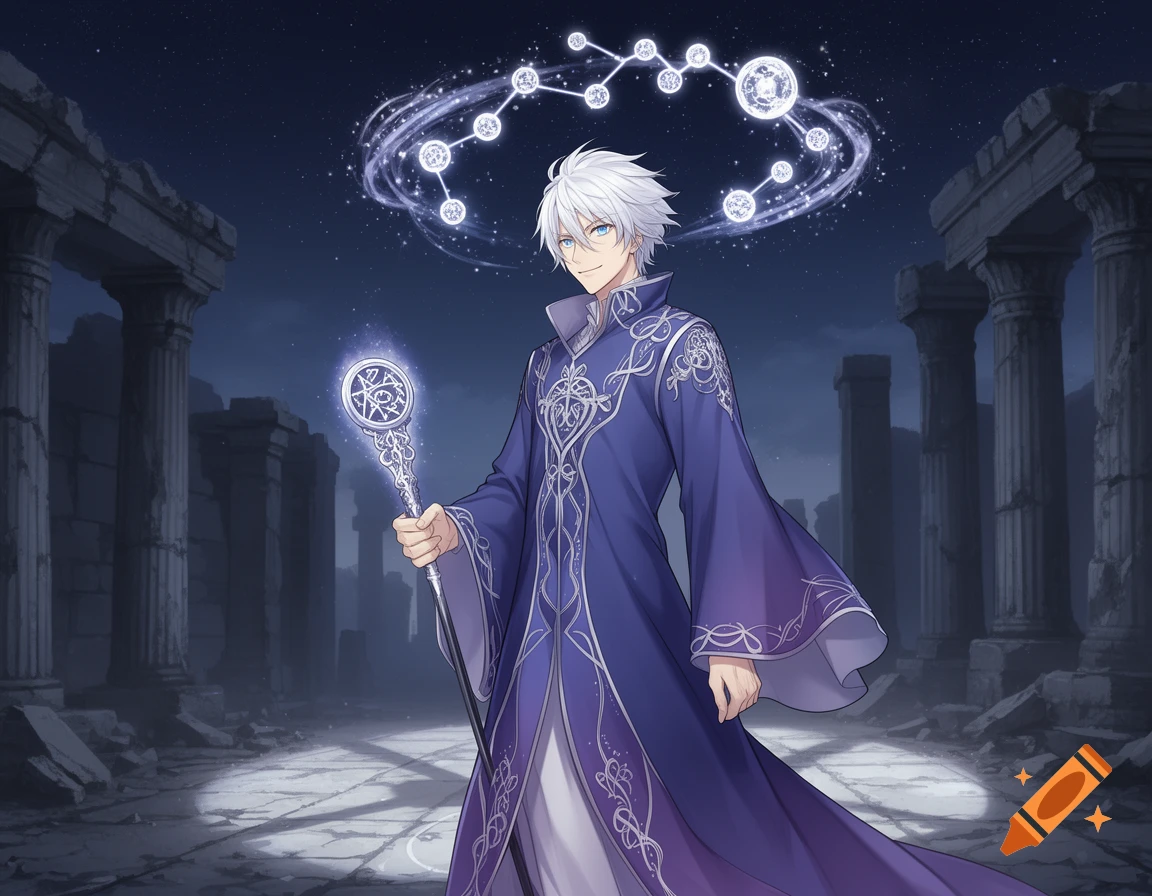 A white-haired anime sorcerer in a blue robe holds a glowing staff under a starry sky with ancient ruins.