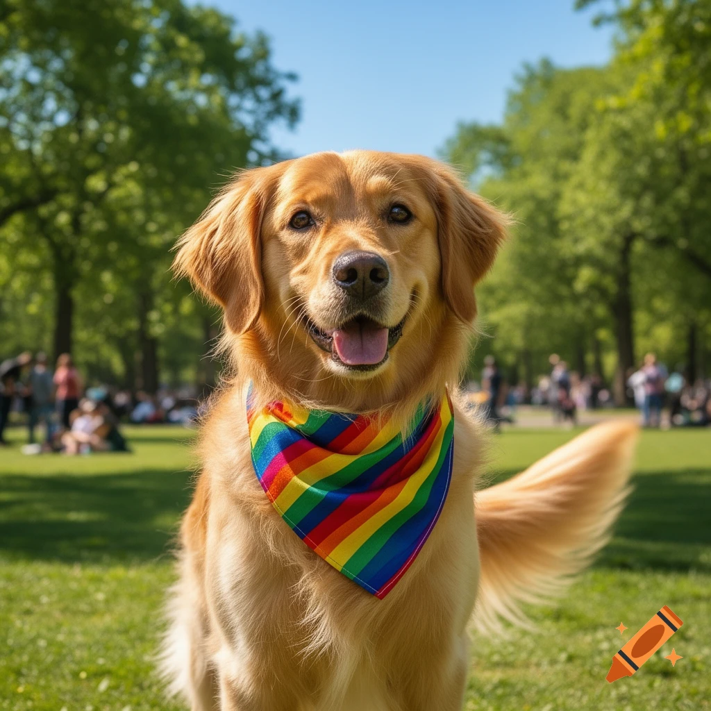 A happy golden retriever wearing a colorful rainbow bandana smiles at the camera in a sunny park with blurry people and trees in the background.