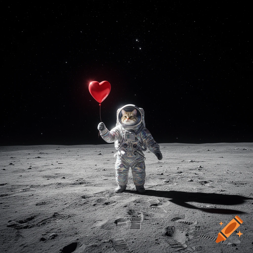 A tabby cat in an astronaut suit stands on the moon, holding a red heart balloon with stars in the black sky.