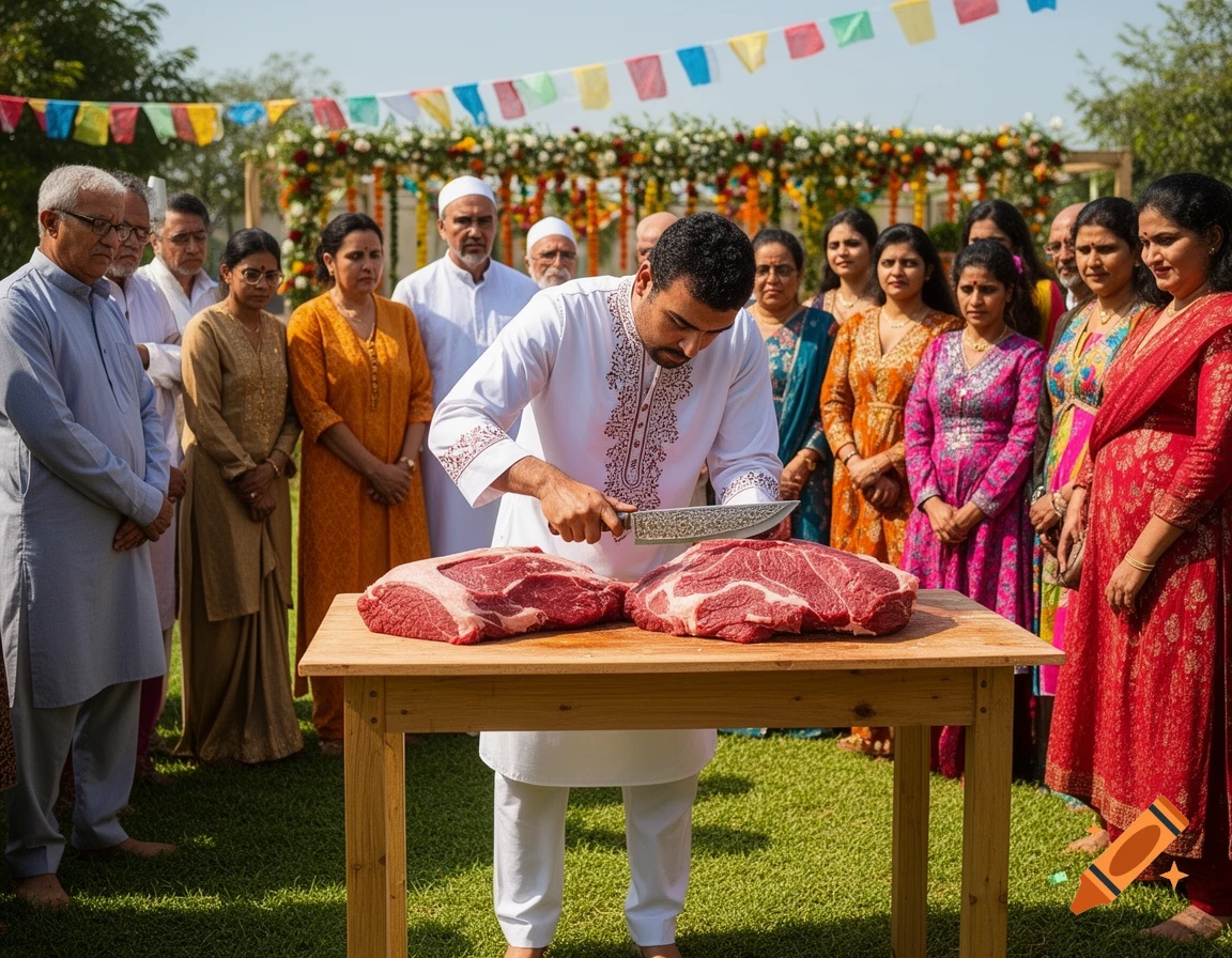 A man in traditional white attire slices large cuts of raw beef on a wooden table, surrounded by a diverse group of people observing outdoors with festive decorations in the background.