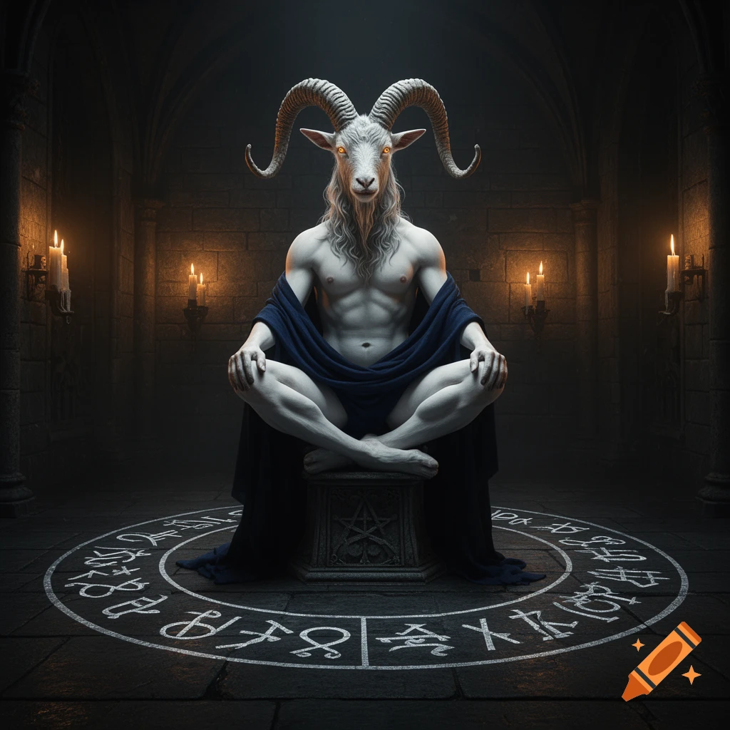 Goat-headed Baphomet figure meditating in a dark gothic chamber with lit candles and a magic circle on the floor.