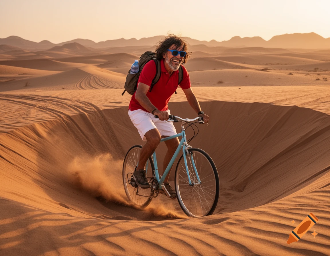 A smiling man with a red polo shirt and white shorts rides a light blue road bike down a sand dune in a vast desert landscape at sunset, kicking up sand.