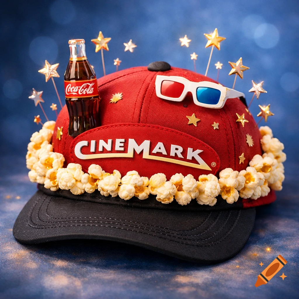 A red baseball cap adorned with popcorn, a Coca-Cola bottle, 3D glasses, and golden stars on a blue background.