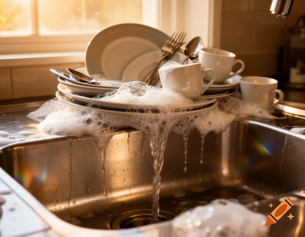 A pile of dirty dishes in a stainless steel kitchen sink overflows with soapy suds and running water, illuminated by sunlight.