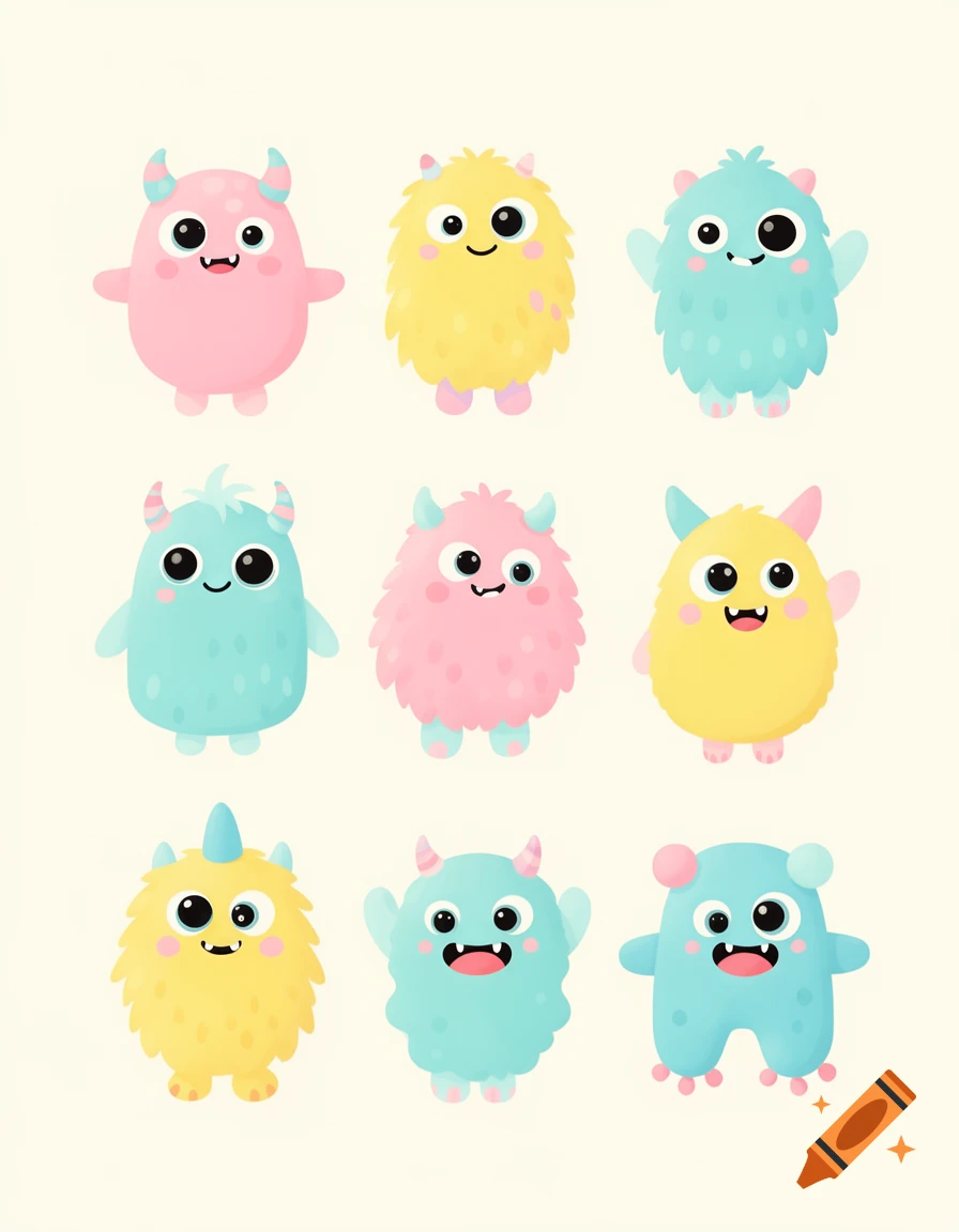 A grid of nine cute, colorful, 2D, minimalist cartoon monsters with various horns and expressions on a light background.