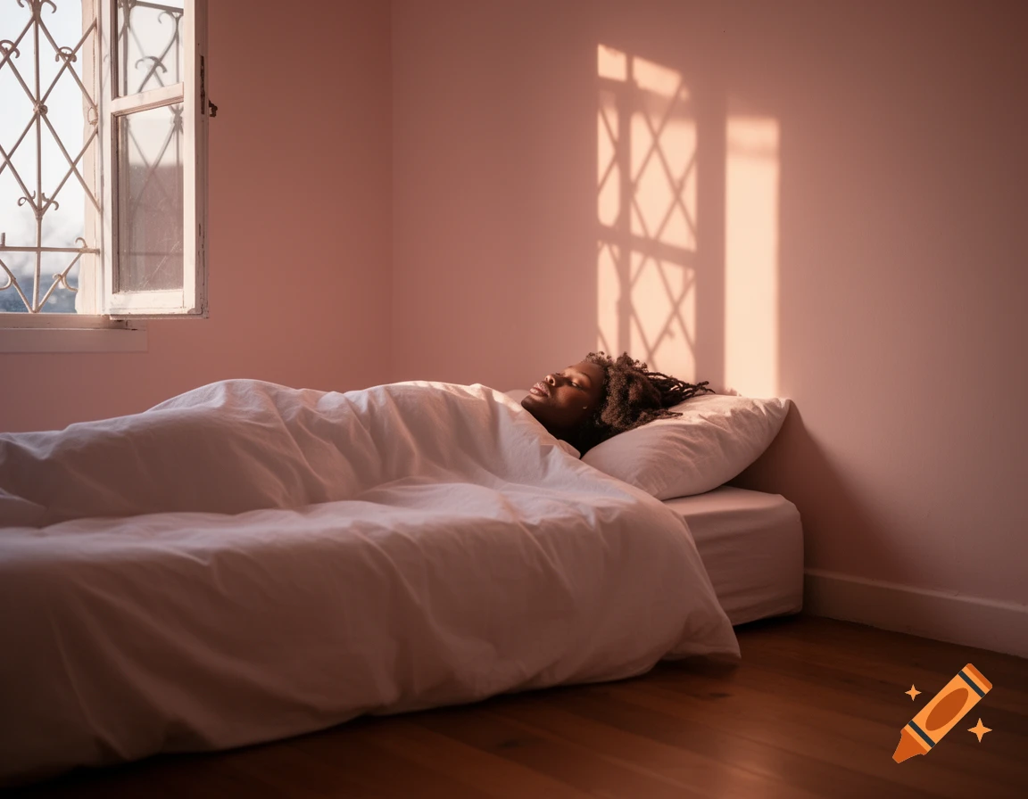 A person with dark dreadlocks sleeps peacefully in a bed, bathed in soft morning sunlight and window shadows.