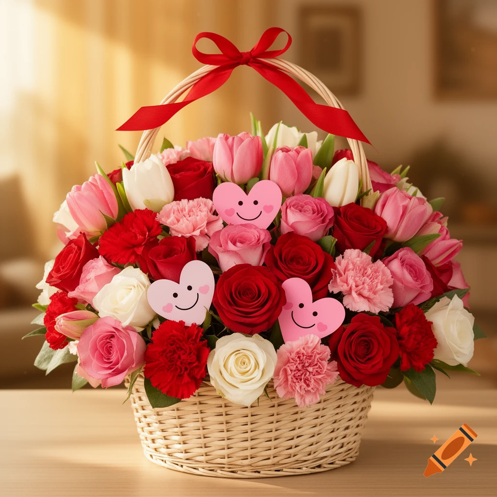 A woven basket filled with red, pink, and white roses, tulips, and carnations, adorned with pink heart cutouts featuring smiley faces and a red ribbon.