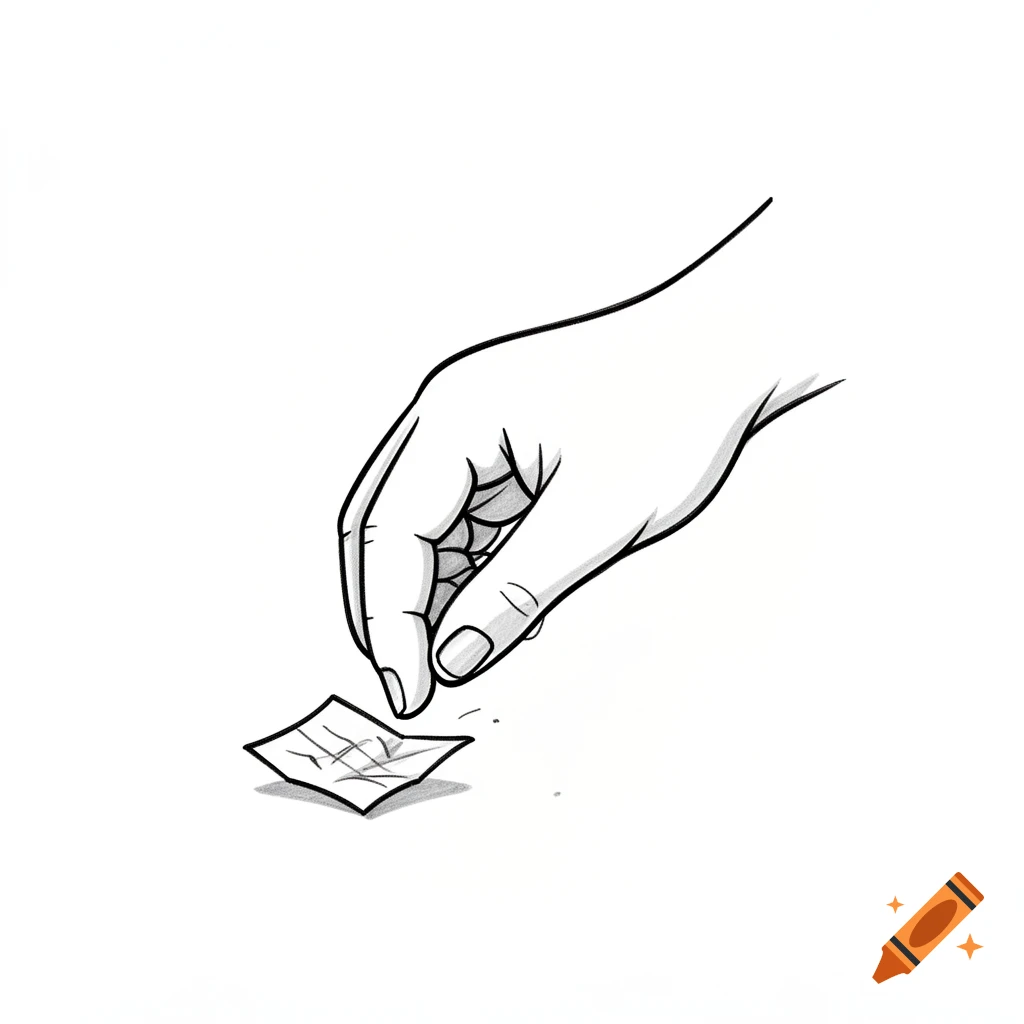 Minimal black line drawing of a hand delicately plucking a small crumpled piece of paper from the ground.