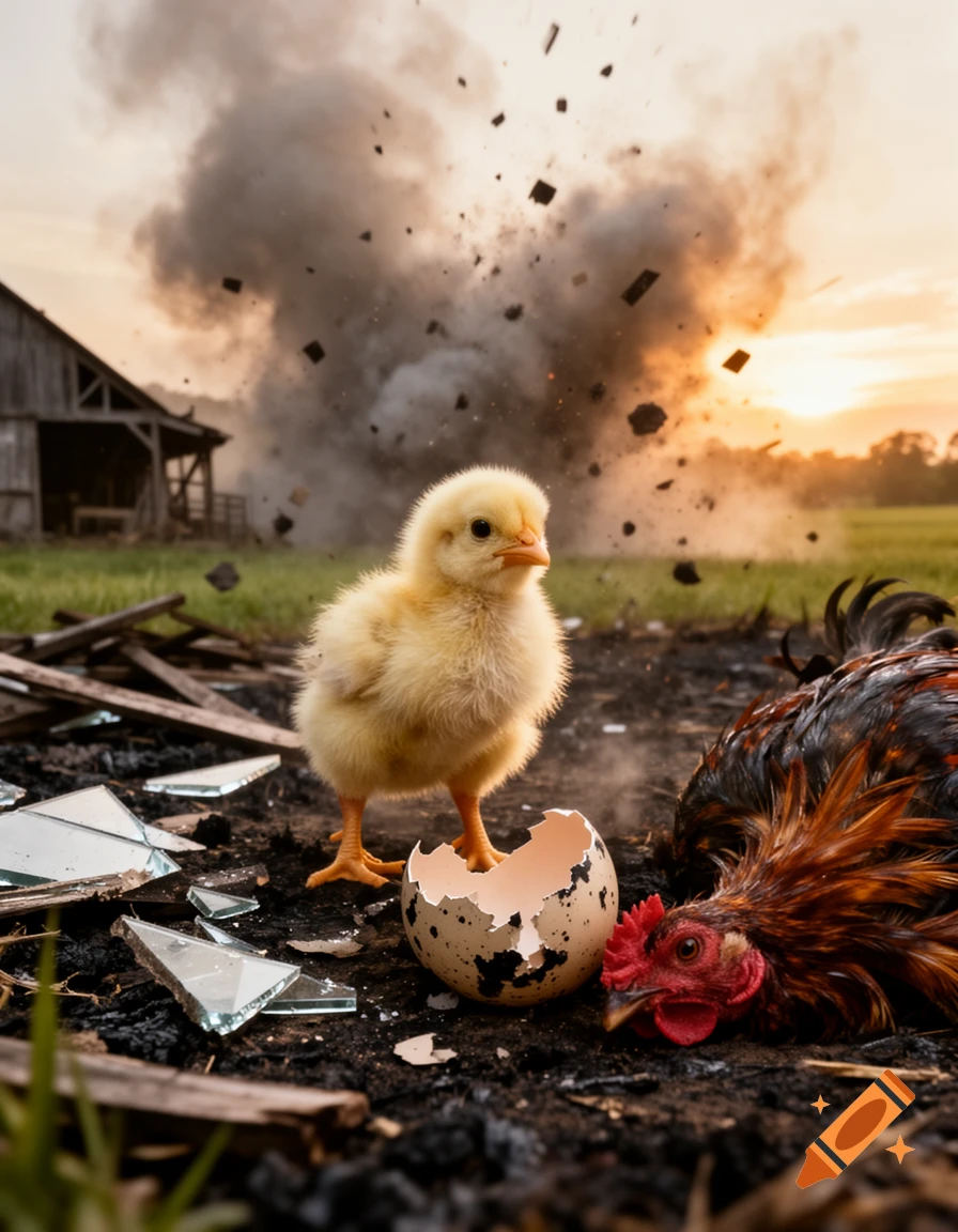 A fluffy yellow chick stands on a broken eggshell near a dead chicken amidst debris and a large explosion near a barn at sunset.