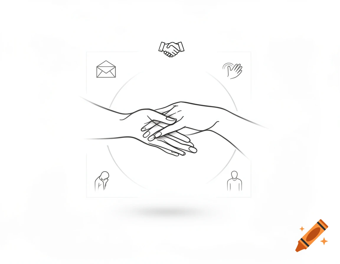 Minimal line art illustration of hands interacting, surrounded by communication icons.