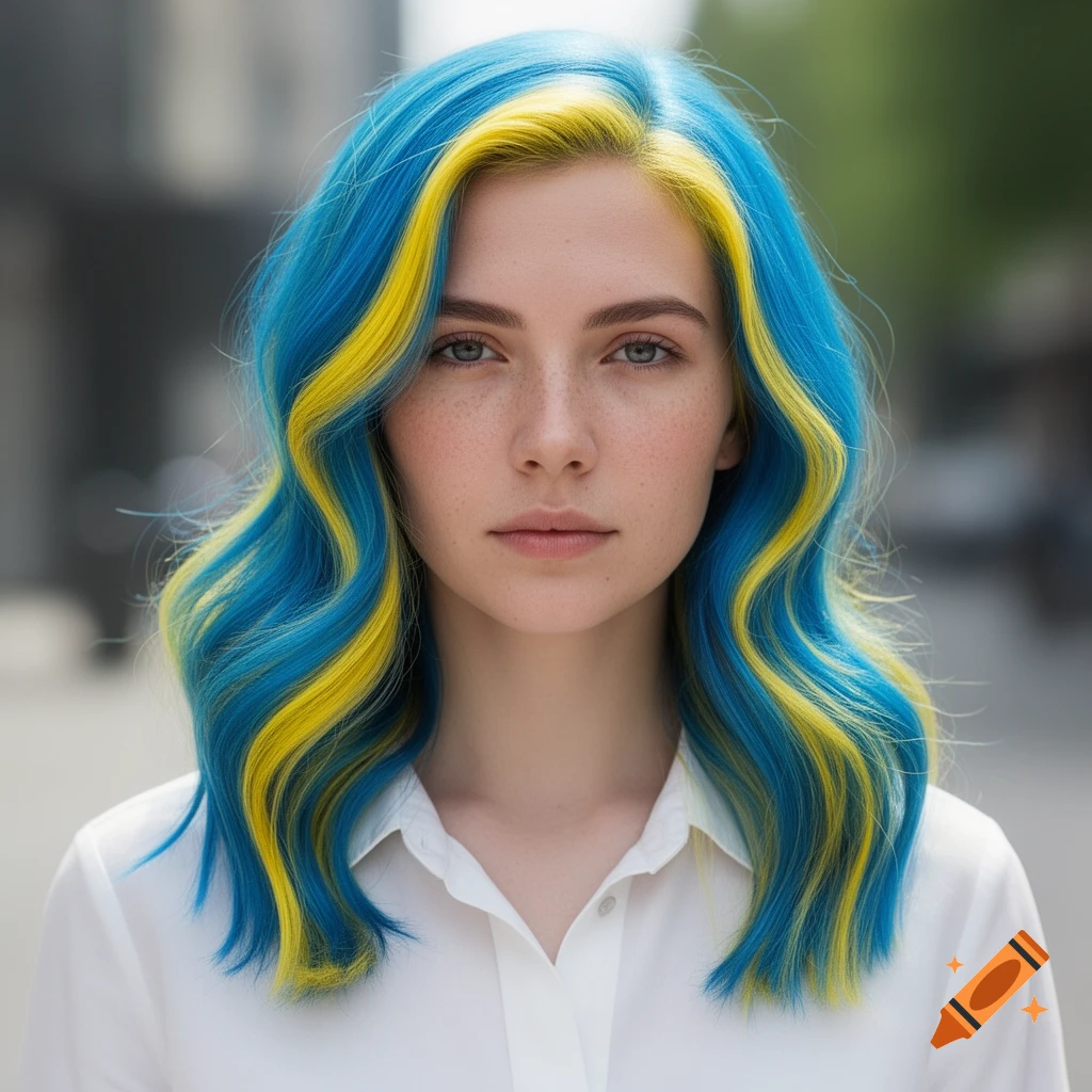 A young woman with wavy blue and yellow hair, wearing a white shirt, looking forward.