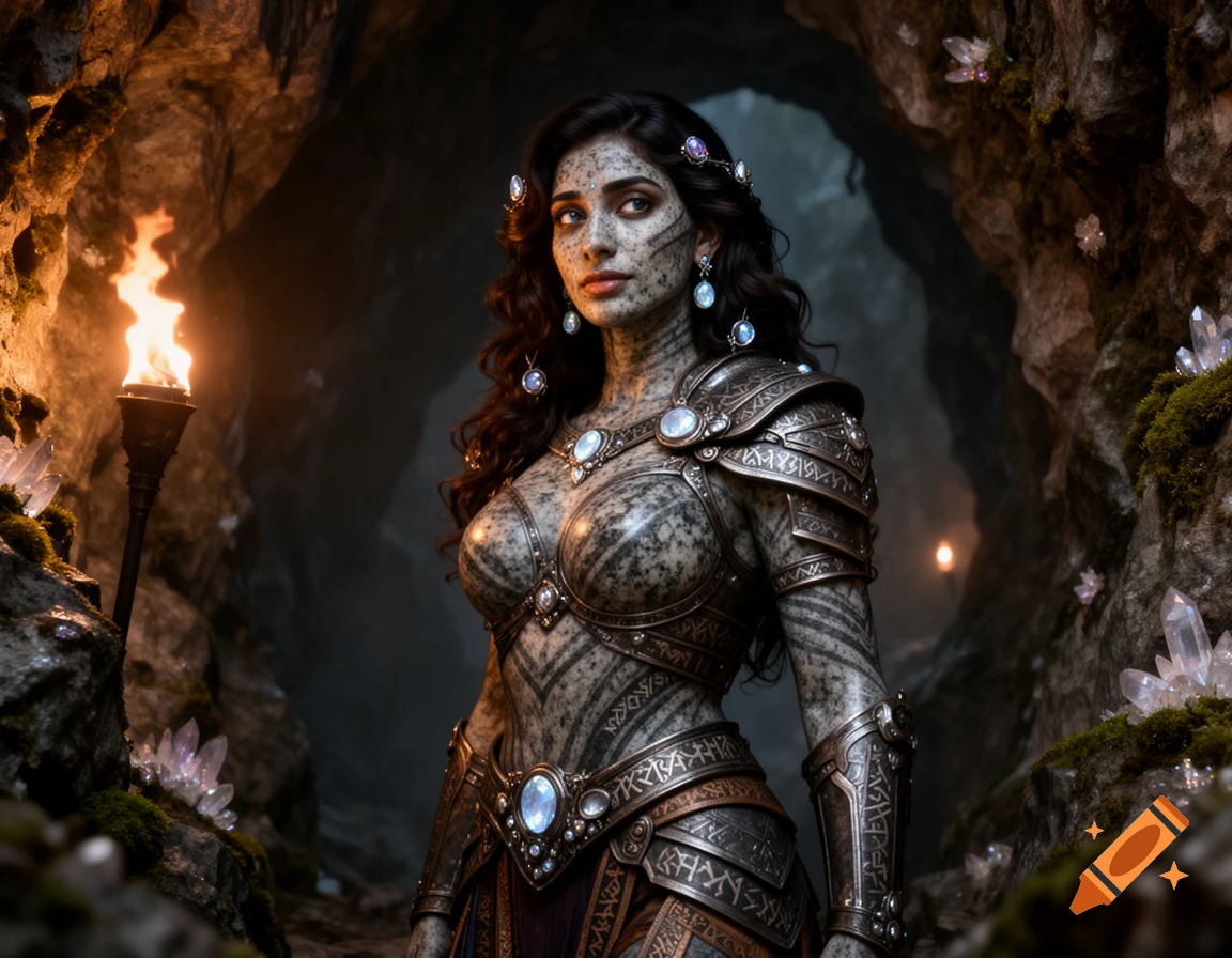 A fantasy woman with stone-patterned skin and armor stands in a crystal-filled cave, holding a torch.