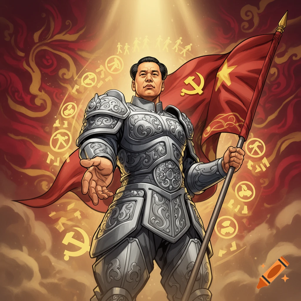 A stylized illustration of Mao Zedong in ornate silver armor, holding a red flag with a yellow hammer and sickle, against a golden background with swirling patterns and symbols.