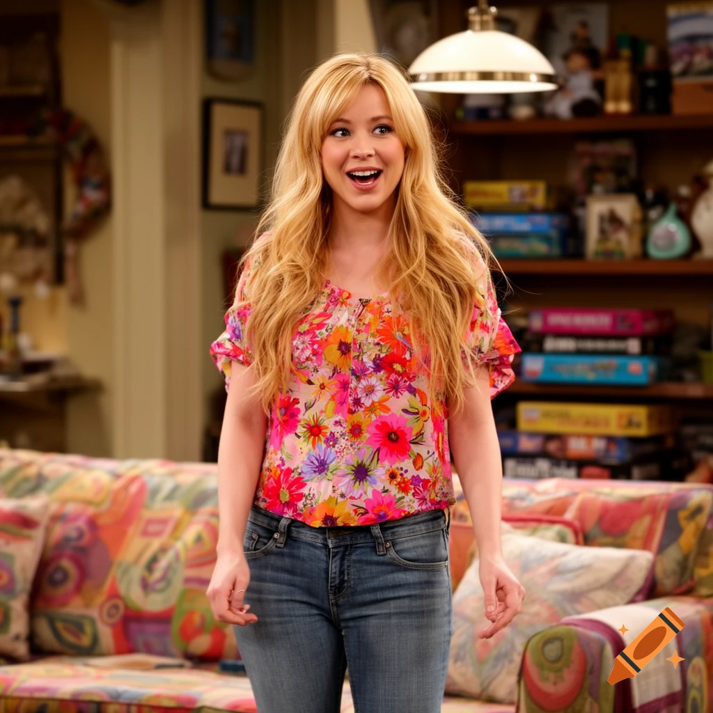 A smiling blonde woman with long wavy hair, wearing a colorful floral top and jeans, stands in a living room.