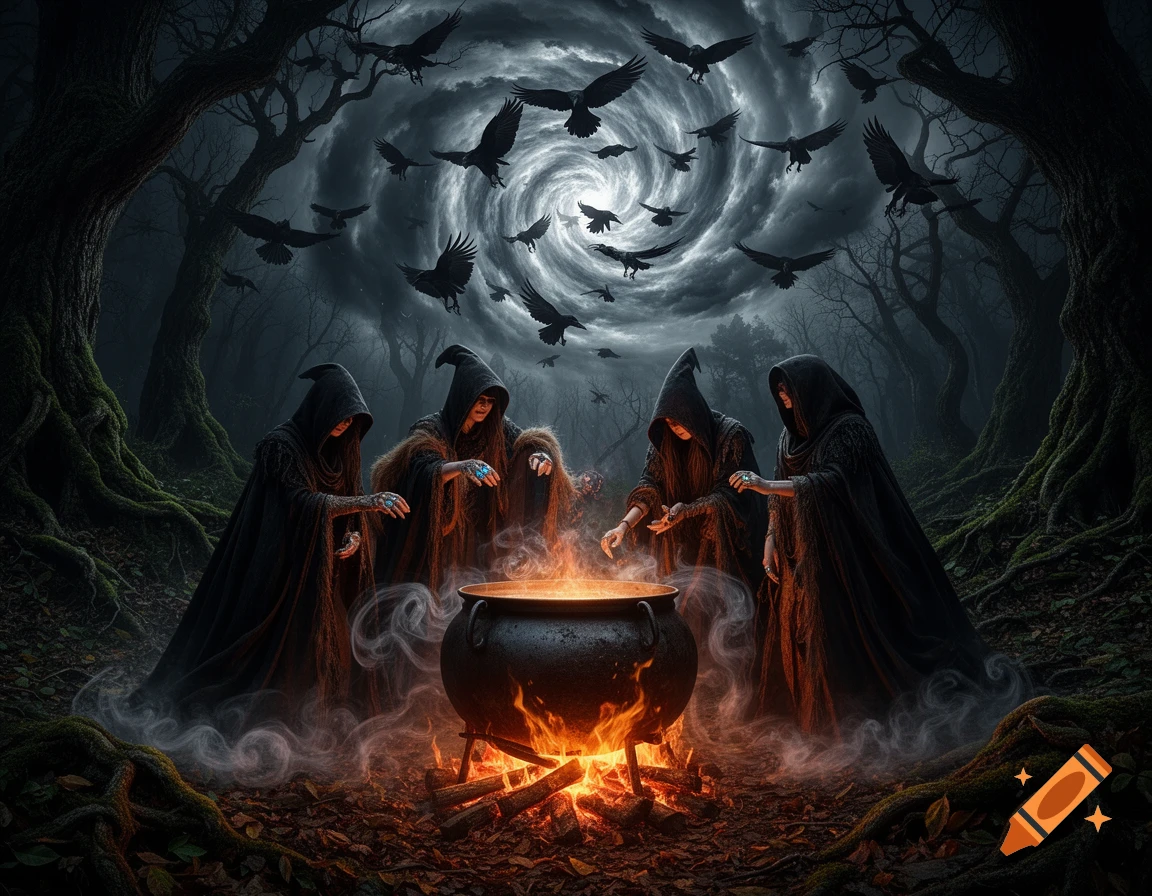 Four hooded witches perform a ritual around a glowing cauldron in a dark, gnarled forest under a swirling, crow-filled sky.