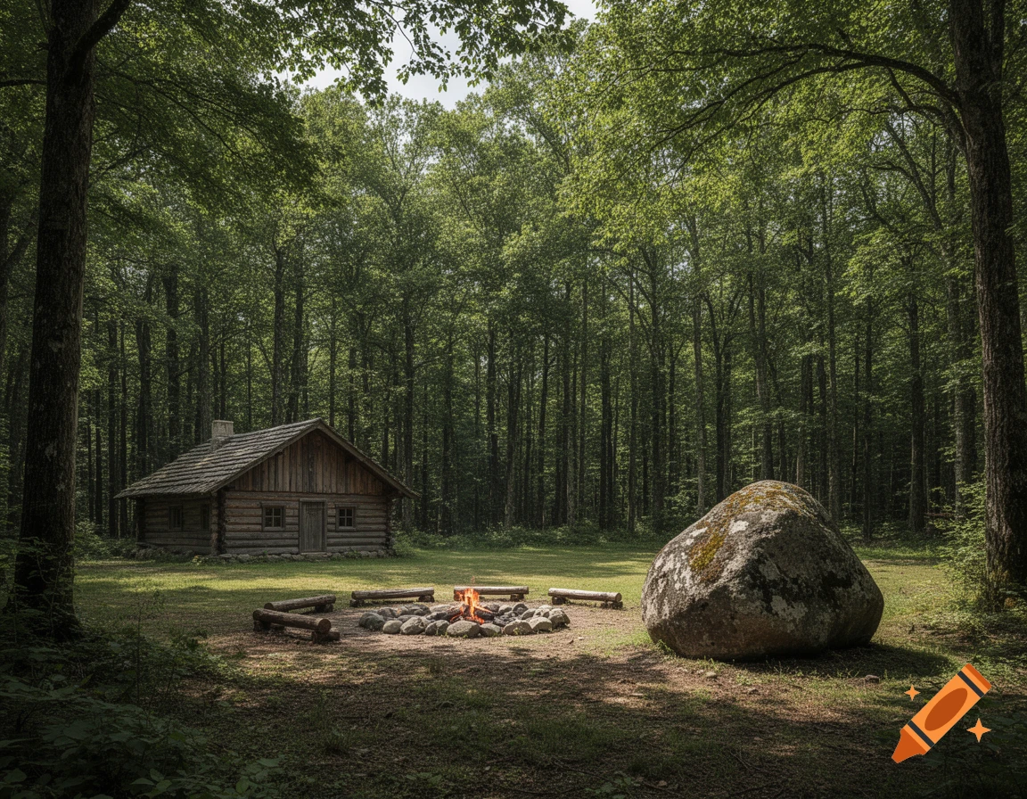 A rustic log cabin sits in a clearing in a dense forest, with a campfire and log benches, and a large mossy boulder nearby.