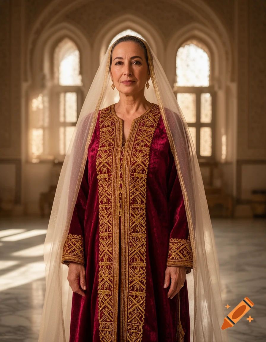 Photorealistic portrait of an older woman in a richly embroidered red and gold dress and white veil, standing in an ornate arched hall with sunlight.