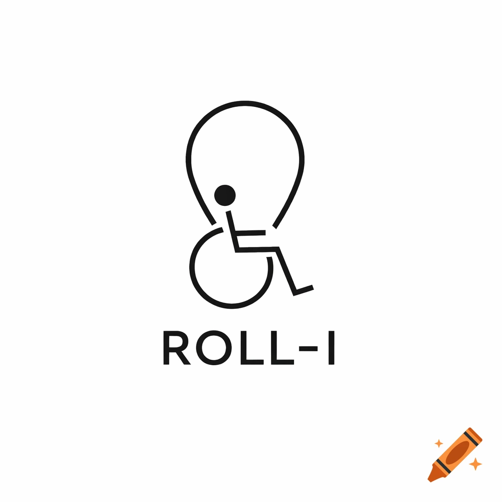 Minimalist black and white vector logo showing a wheelchair icon combined with a map pin above the text 'ROLL-I'.