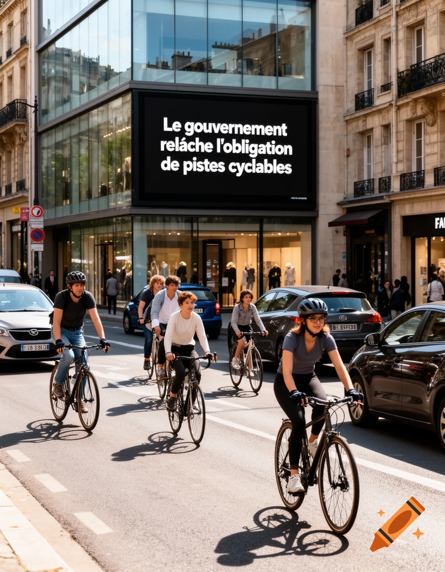 A group of cyclists rides down a city street in front of a modern building with a billboard displaying French text.