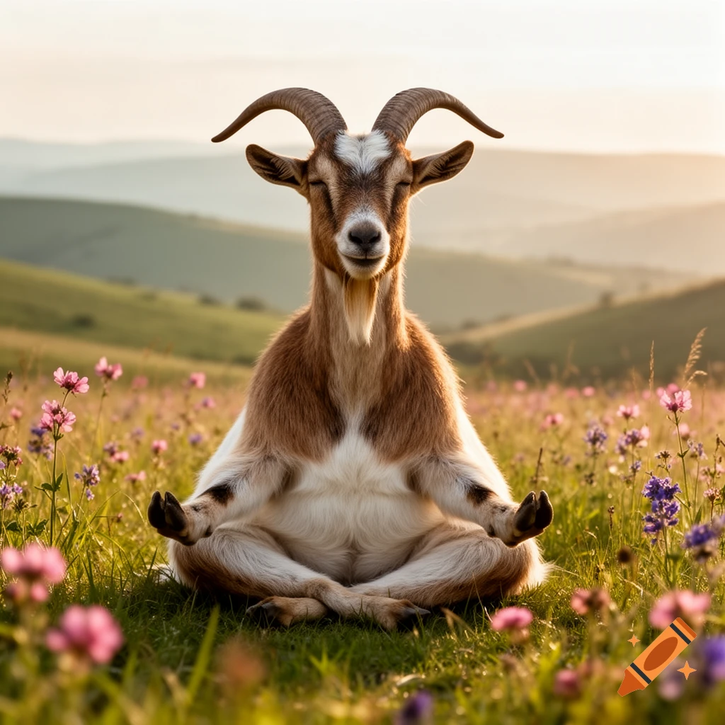 Photorealistic image of a goat with closed eyes meditating in a lotus yoga pose amidst a field of wildflowers at sunset.