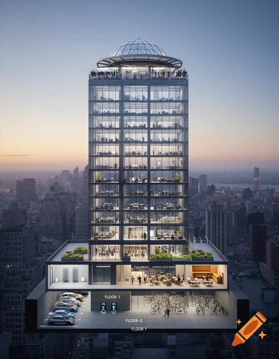 Photorealistic cutaway rendering of a modern high-rise office building at dusk. Shows underground parking and bike storage, a ground-floor cafe, multiple office levels, and a rooftop dome with a sky bar.