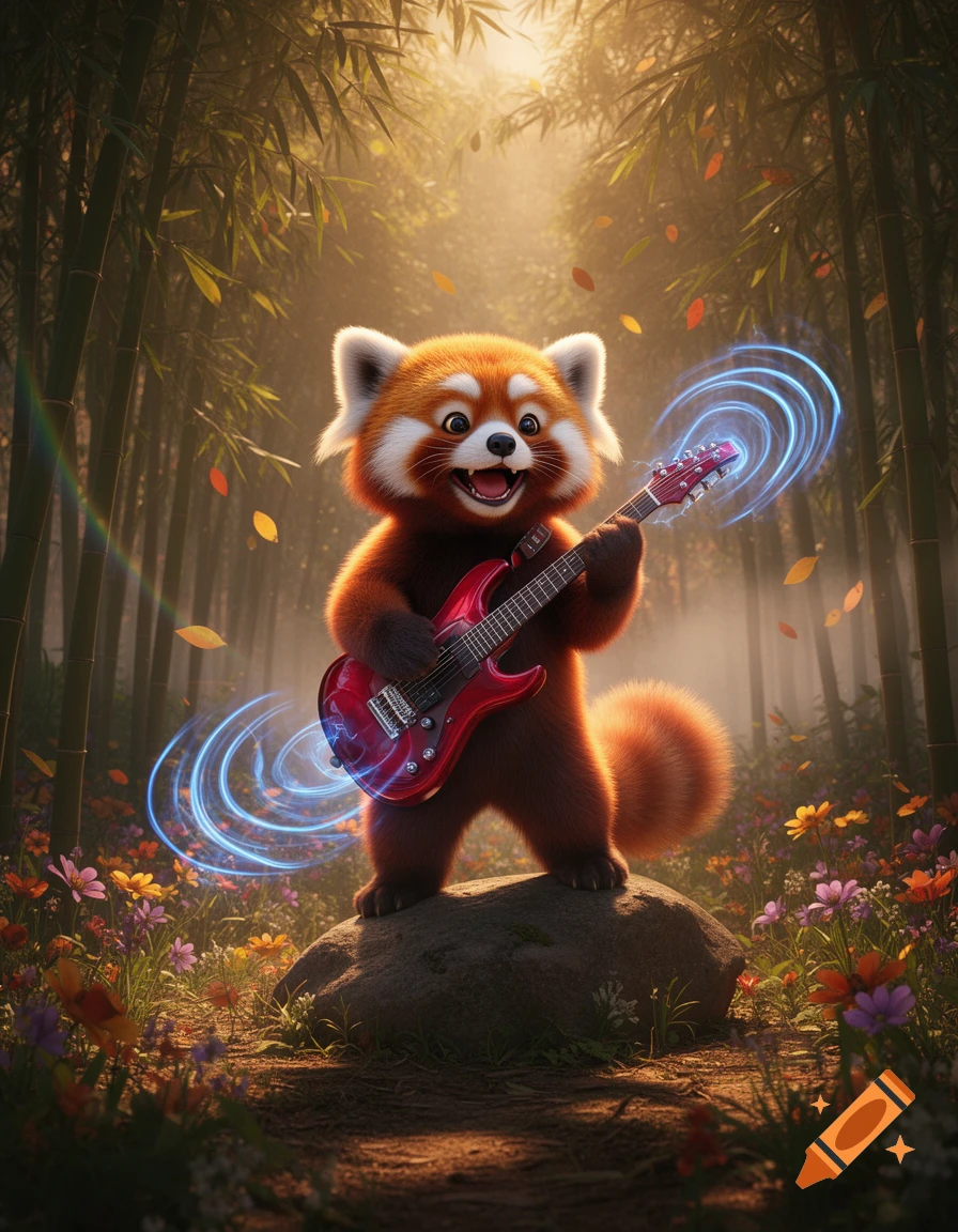 A cute, smiling 3D red panda plays a red electric guitar, surrounded by glowing blue sound waves, standing on a rock in a vibrant bamboo forest.