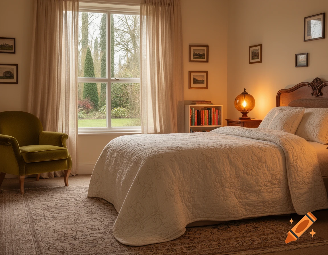 A cozy bedroom with a large bed, green velvet armchair, bookshelf, and a window overlooking a garden.