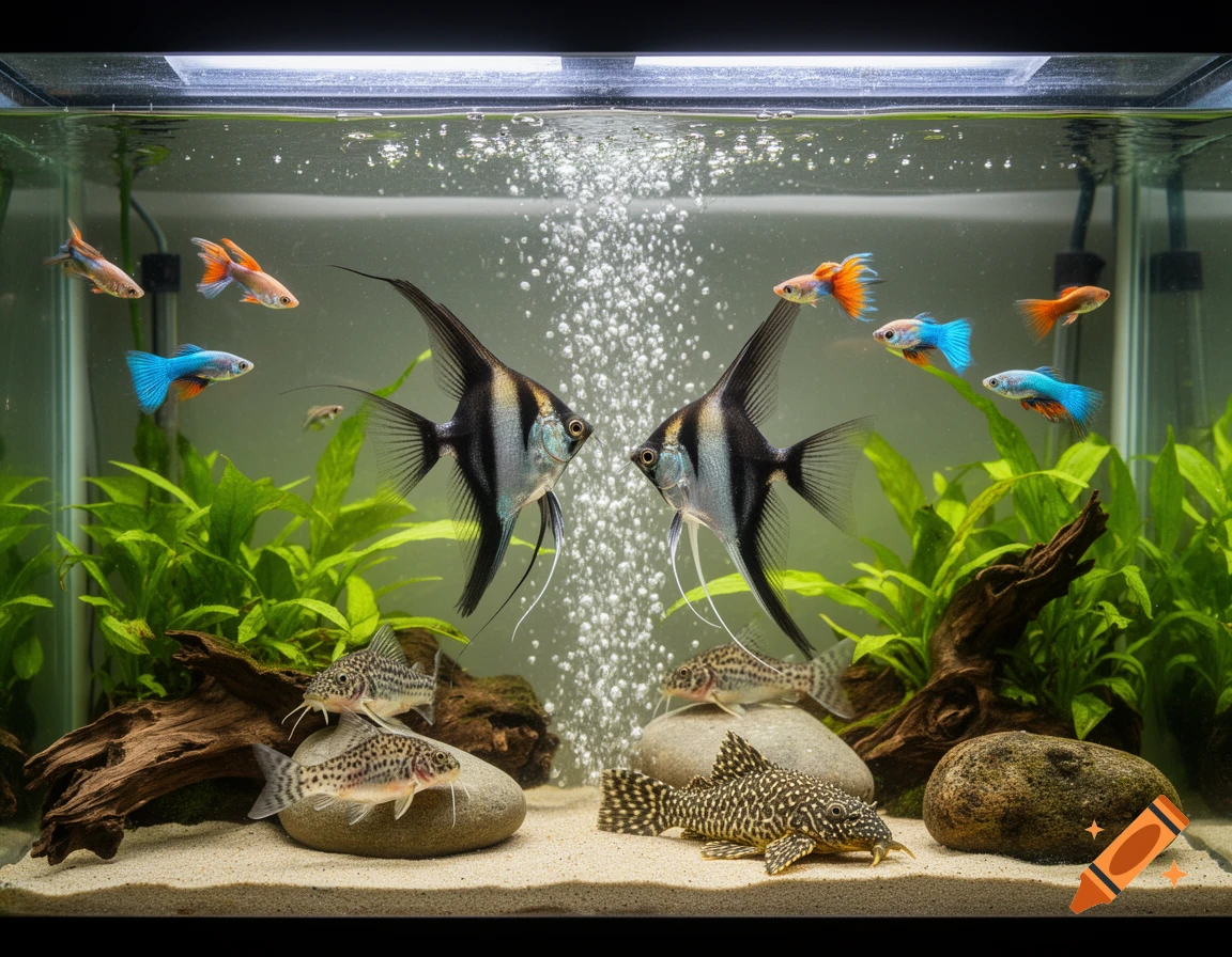 A brightly lit freshwater aquarium with two angelfish, several colorful guppies, and bottom-dwelling fish amidst green plants and rocks.