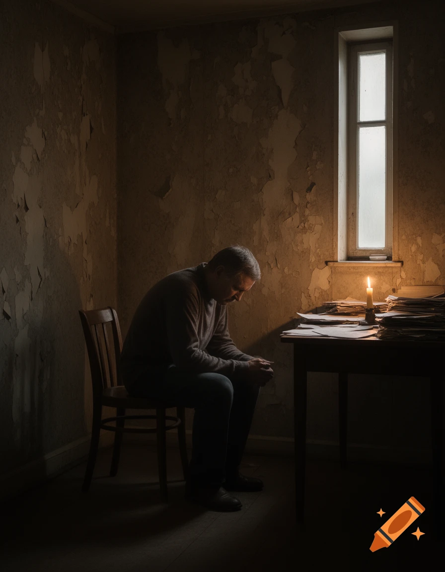 A somber man sits at a table with papers, illuminated by a candle, in a dark room with peeling walls, looking down.