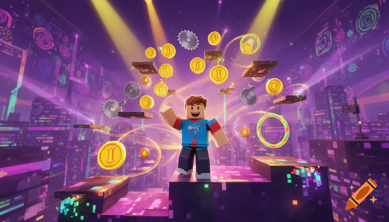A Roblox-style character stands on platforms in a vibrant, pixelated, neon-lit city, surrounded by floating coins and obstacles.