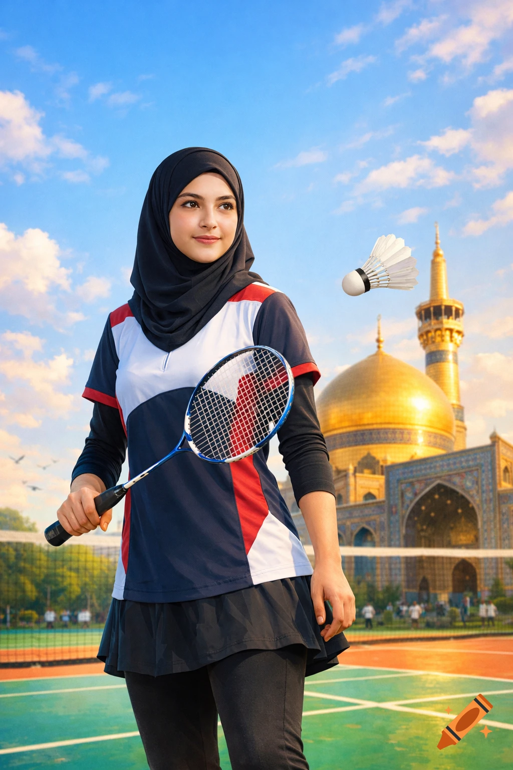 Young woman in hijab and sportswear with a badminton racket on court, a golden-domed mosque in the background under blue sky.