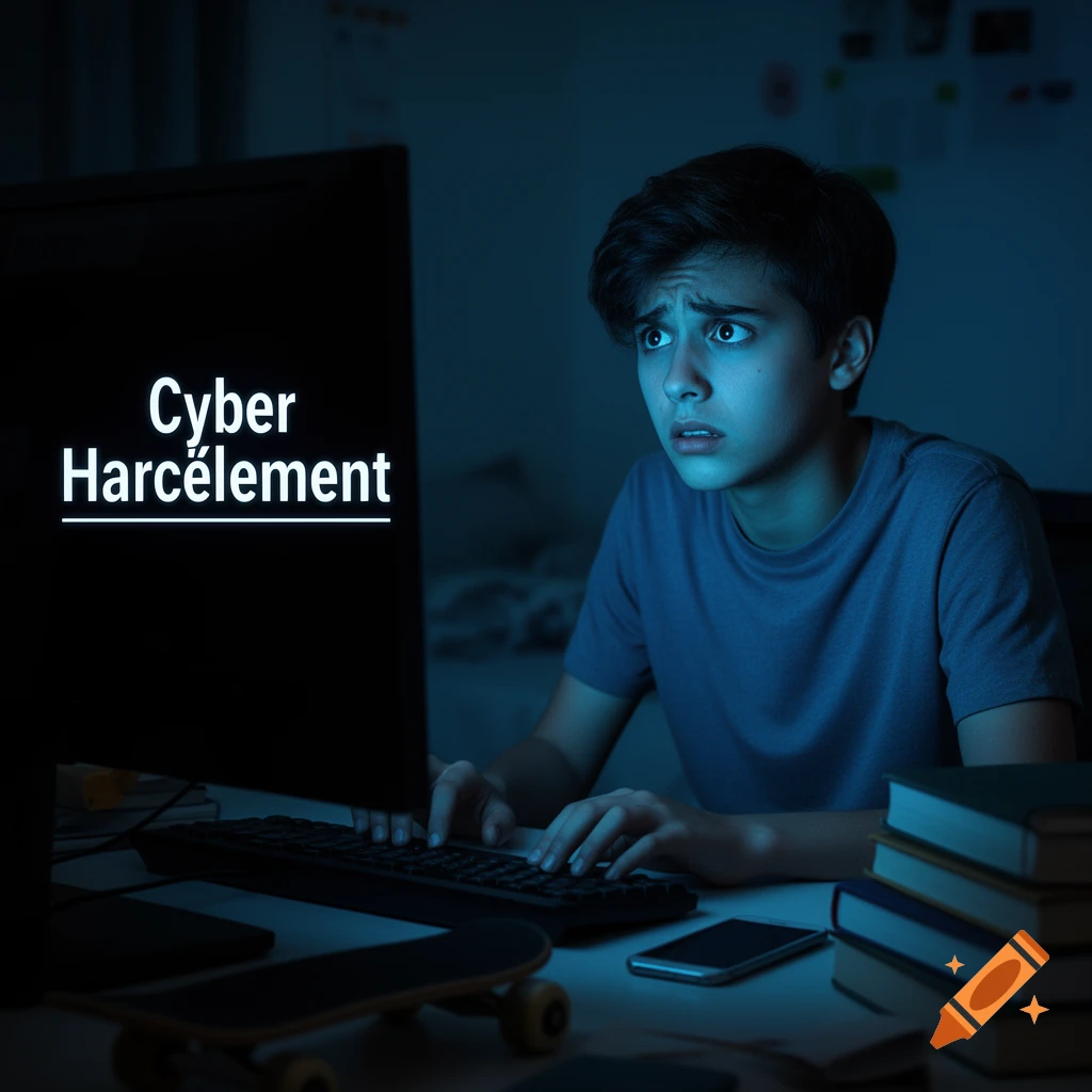A scared young person looks intently at a computer screen in a dark room, displaying the words "Cyber Harcèlement" (Cyber Harassment).