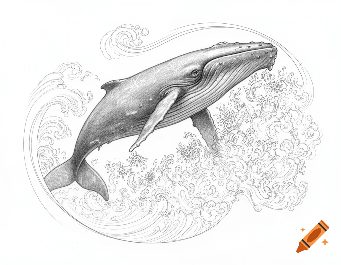 Detailed pencil drawing of a whale leaping out of stylized waves.