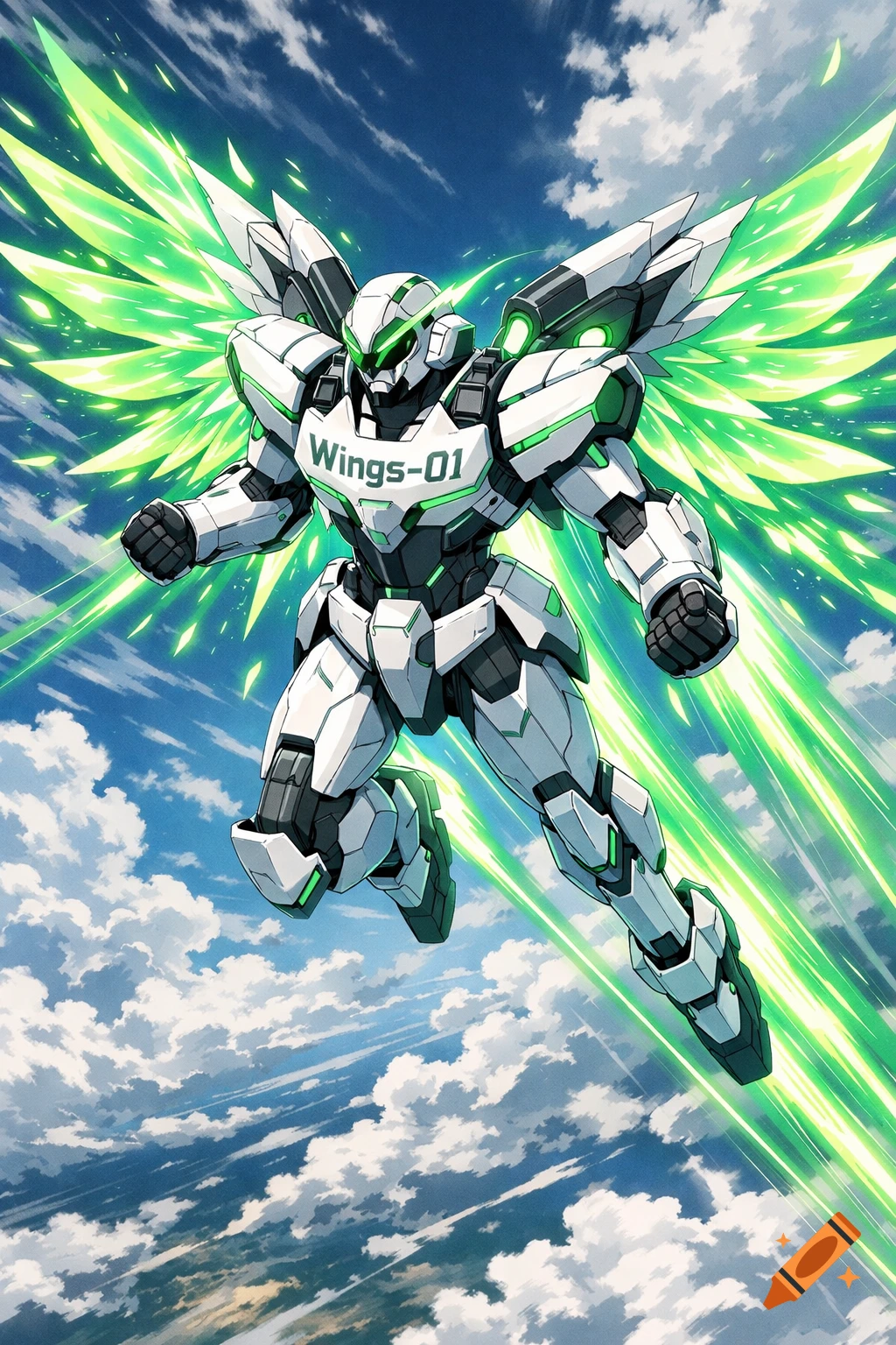 White and green anime mecha with glowing energy wings flies in a blue sky with clouds.