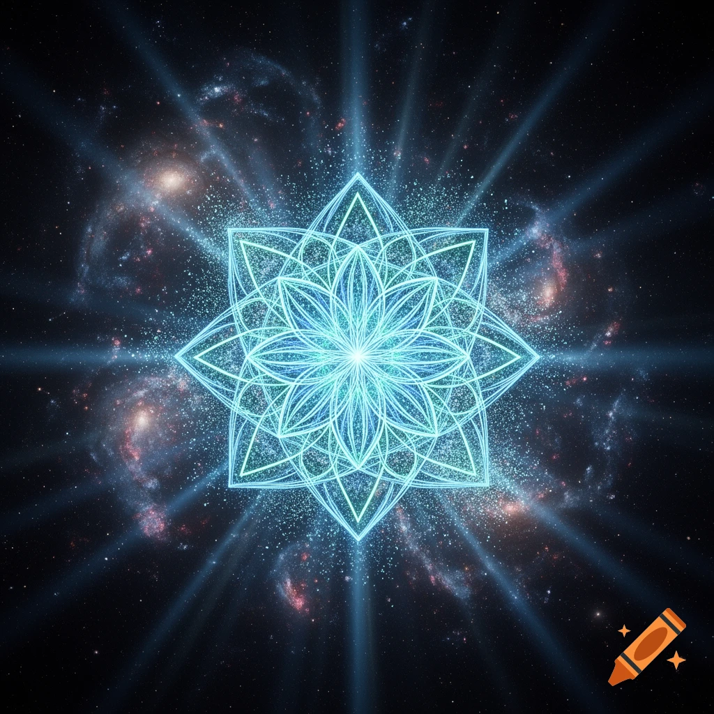A vibrant cyan and blue glowing sacred geometry mandala floats in deep space with cosmic nebulae and radiating light rays.